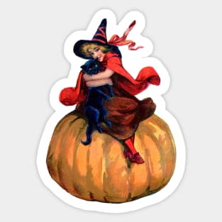 vintage halloween witch and black cat on pumpkin Sticker